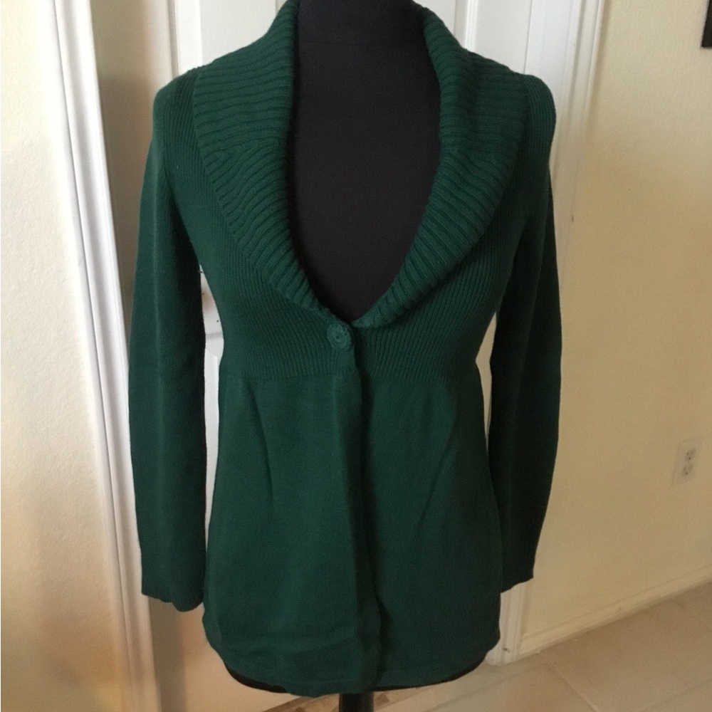 Alfani Petite Green Sweater, size has been cut out, measurements listed.